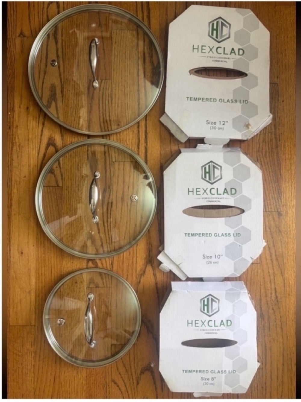 HexClad Tempered Glass Lids (Set of 3) - Clear Glass with Silver Handles